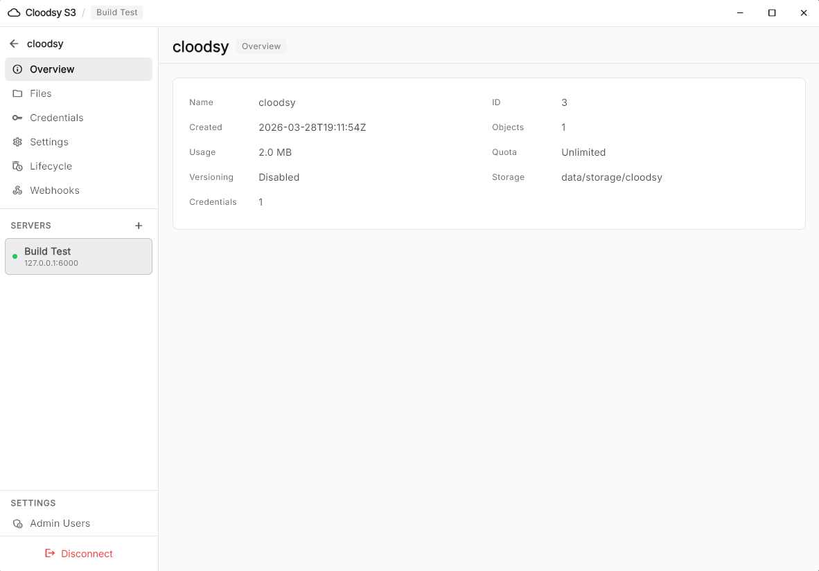 Cloodsy S3 GUI bucket overview displaying object count, storage usage, quota settings, and versioning status