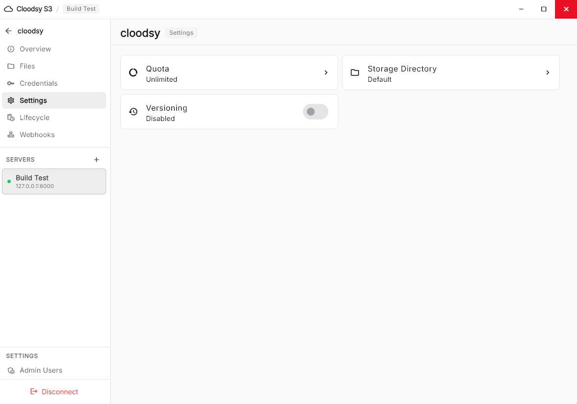Cloodsy S3 GUI server settings showing lifecycle rules, webhook configuration, and admin user management
