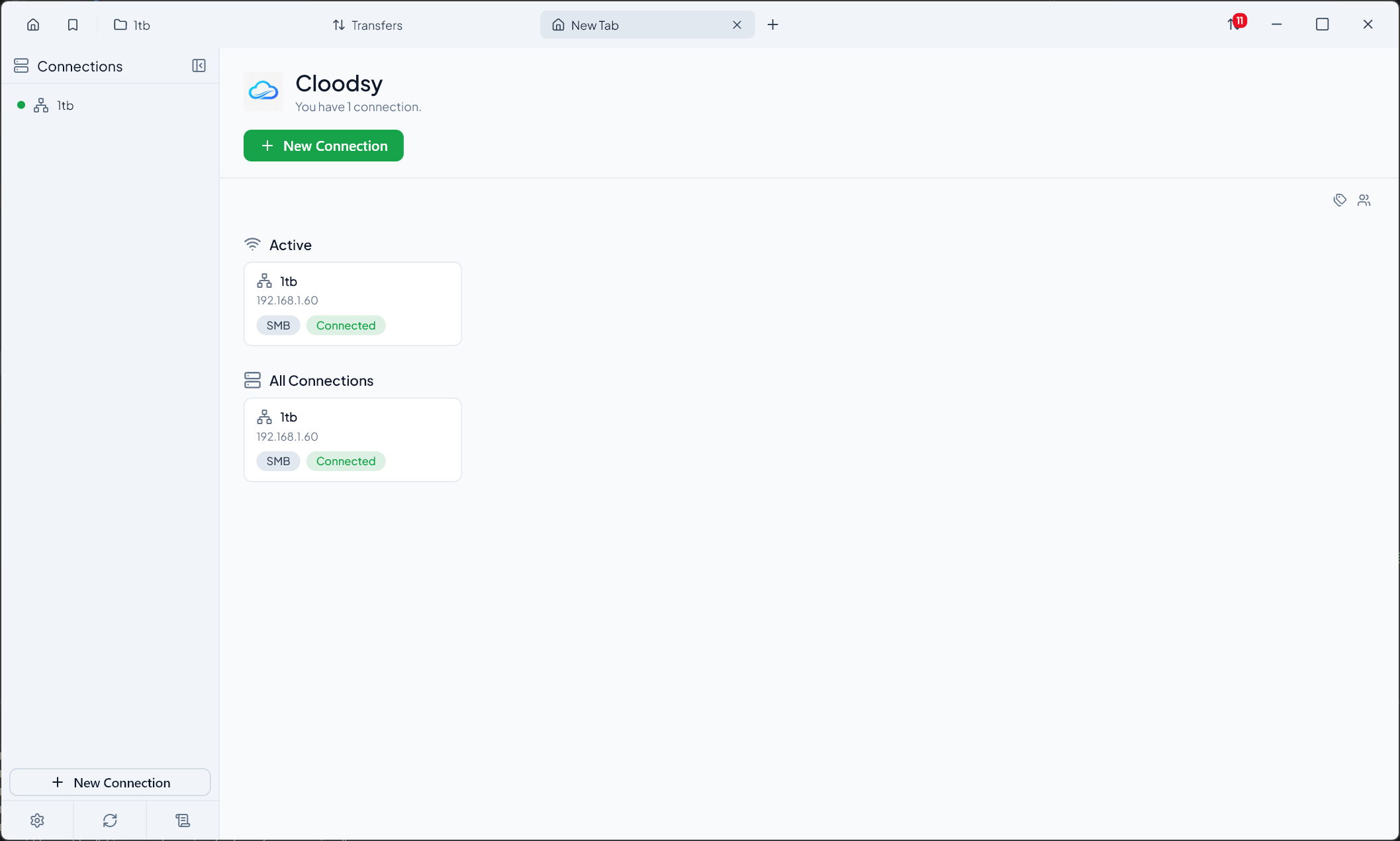 Cloodsy file manager connection dashboard showing saved servers and protocol connections for S3, FTP, SFTP, and SMB