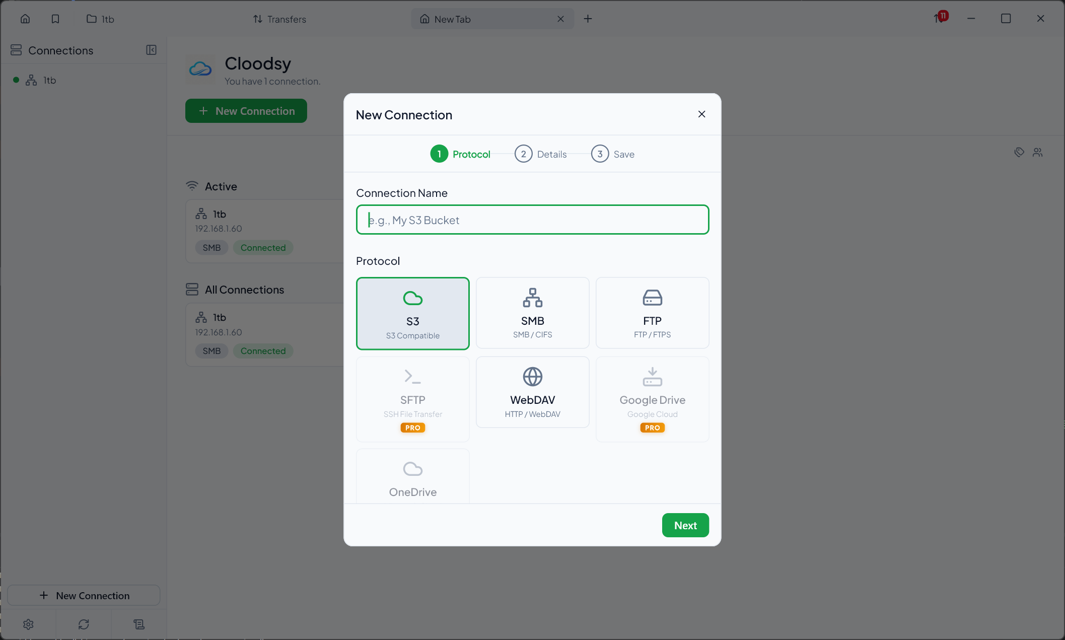 Cloodsy connection wizard with protocol selection and server configuration form